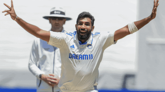 Jasprit Bumrah bowls with a distinctive straight-arm style.