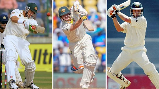 From left: Matthew Hayden, Steve Smith and Adam Gilchrist all batting in India.