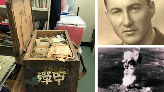 A Japanese artillery box containing archives material from David Harvey-Sutton, medical man David Harvey-Sutton, and smoke billows from the Hiroshima atomic blast on August 6, 1945. 