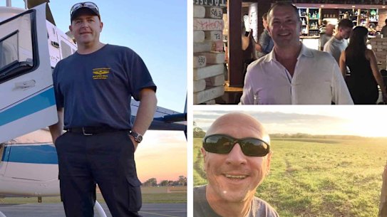 Pilot David Kerr, left, and his friends, Grant Kuhnemann, top, and Jamie Ogden are among the five feared dead.