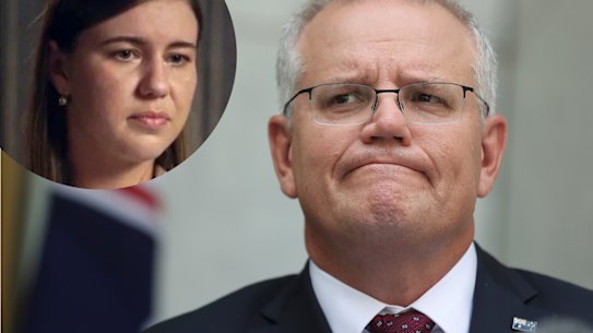 Prime Minister Scott Morrison with former Liberal staffer Brittany Higgins (inset). 