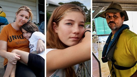 composite: TAREE, AUSTRALIA - MARCH 29: Mia Harris looks on as Australian Defence emergency support team members help clear flood damaged land at her family home in the small township of Croki on March 29, 2021 in Taree, Australia. The Australian Defence force are deploying 611 personnel across New South Wales as part of Operation NSW Flood Assist. Following initial emergency response from HMAS Albatross and RAAF Base Richmond, and Holsworthy, including Navy helicopter support for Search and Rescue. The Australian Defence force is now assisting with recovery operations that significantly increased on March 26th as flood waters started to recede and the operation shifted to a recovery and clean up phase. Unprecedented and devastating flooding across the state in recent weeks has seen tens of thousands of people forced to evacuate after days of torrential rain caused some of the worst floodings the state has ever seen. (Photo by Lisa Maree Williams/Getty Images)
Wayne Smith , his family own and run the Dargle Waterski resort which still inundated after the Hawkesbury River flooded through on Sunday. Pictured here searching for missing caravans which were washed downstream and dumped at St George Caravan Park.
TAREE, AUSTRALIA - MARCH 28: Em Trotter and daughter Evie-Meg sit on the verandah of their flood-affected home in the small community of Croki on March 28, 2021 in Taree, Australia. The Australian Defence force are deploying 611 personnel across New South Wales as part of Operation NSW Flood Assist. Following initial emergency response from HMAS Albatross and RAAF Base Richmond, and Holsworthy, including Navy helicopter support for Search and Rescue. The Australian Defence force is now assisting with recovery operations that significantly increased on March 26th as flood waters started to recede and the operation shifted to a recovery and clean up phase. Unprecedented and devastating flooding across the state in recent weeks has seen tens of thousands of people forced to evacuate after days of torrential rain caused some of the worst floodings the state has ever seen. (Photo by Lisa Maree Williams/Getty Images)