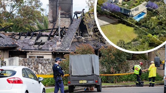 The fire at Cliff Road, Northwood, and (inset) an artist’s impression of the development application on the property next door.