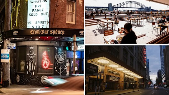 composite - Promotional photo of The Crow Bar in Leichhardt. Image courtesy of The Crow Bar. SYDNEY, AUSTRALIA - SEPTEMBER 10: People dine at the Opera Bar at Sydney Opera House on September 10, 2020 in Sydney, Australia. Seven new COVID-19 cases were recorded in NSW in the last 24 hour reporting period. Of those cases, two are returned overseas travelers in hotel quarantine, while five are linked to a known case or cluster. (Photo by Jenny Evans/Getty Images). Corona Virus - Covid 19. Since the announceent of measures to self isolate at home where possible have been introduced to stem the spread of the Corona virus, The Sydney CBD has seen patronage severly reduced. Office workers being sent home to work, or whole industrys and sole traders shuttering business. State Theatre closed along Market St. Photographed Tuesday 24th March 2020. Photograph by James Brickwood. SMH NEWS 200324