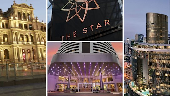(From left) Treasury Brisbane, The Star Gold Coast and the under-construction Queen’s Wharf casino complex.