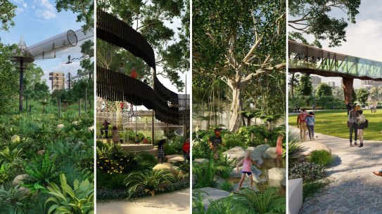 Brisbane Times homepage composite Victoria Park Draft Master Plan released by Brisbane City Council on September 27, 2022.