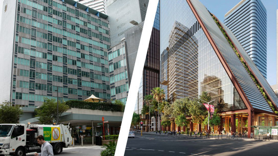 The MLC building in North Sydney (left) and the new development that had been proposed for the site.