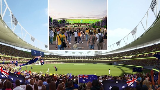 Artists’ impressions of the remodelled Gabba ahead of the 2032 Olympic Games in Brisbane.