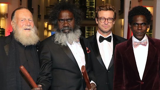 Jack Thompson, Witiyana Marika, Simon Baker and Jacob Junior Nayinggul at the High Ground premiere during the 70th Berlinale International Film Festival Berlin on February 23.