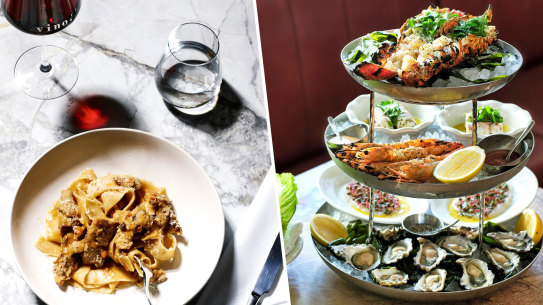 Pasta at Tipo 00 in Melbourne and a seafood tower at Armorica Grand in Sydney.