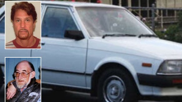 The white Ford Laser or a white Toyota Corona sedan police are seeking; Inset: Hogg (top) and Rosson.
