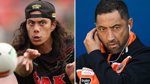 Jarome Luai and Wests Tigers coach Benji Marshall.