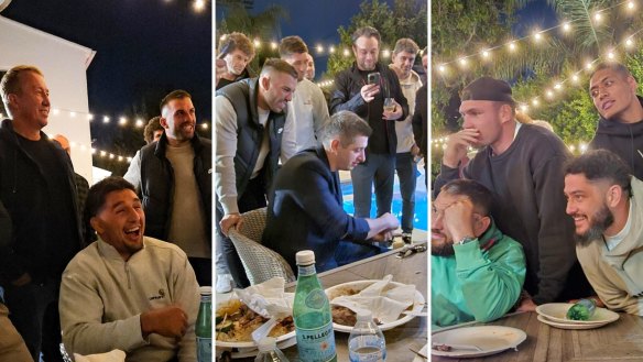 The Sydney Roosters players are entertained at super fan Josh Brandon’s LA home.