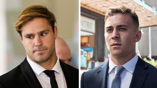Jack de Belin and Callan Sinclair cheered each other on while they assaulted crying woman, court told