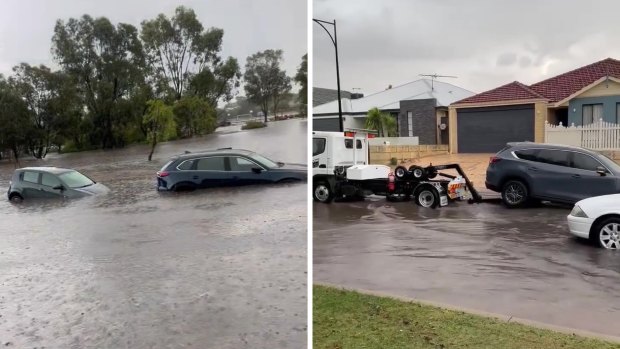 Perth flash floods trap drivers in cars