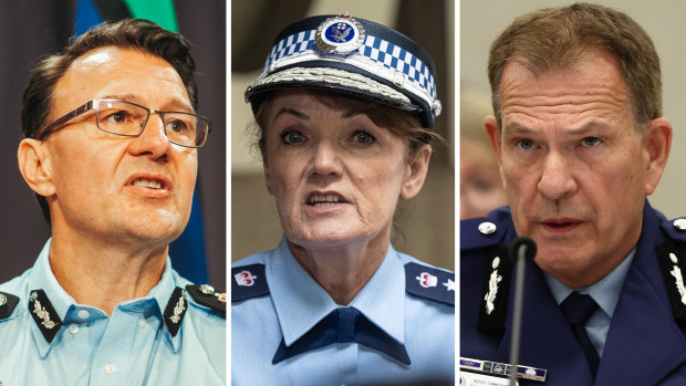 Australian Federal Police commissioner Reece Kershaw, NSW Police Commissioner Karen Webb and NSW Police deputy commissioner and counter-terror chief Dave Hudson.