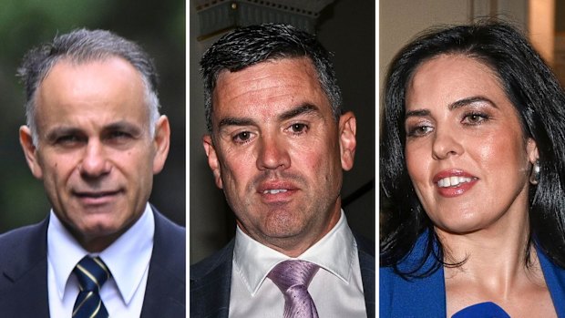 John Pesutto (left), Brad Battin and Moira Deeming