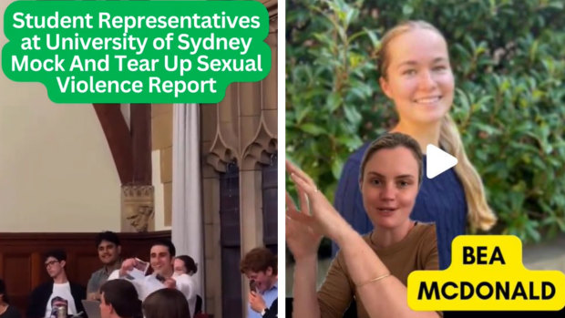 A screenshot from a TikTok video by Mia Findlay in which she names and identifies Bea McDonald as one of the students at a meeting where a report into sexual violence was torn up.

