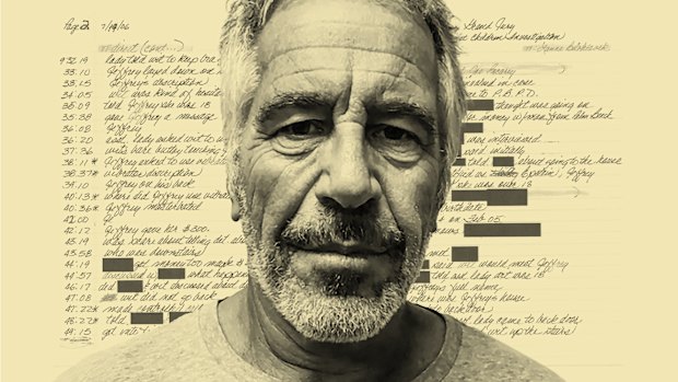 This image combines Jeffrey Epstein in a photo from the New York State Sex Offender Registry in 2017 and an image of stenographer notes from unsealed grand jury testimony about Epstein in 2006.