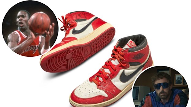 Michael Jordan in 1984, an original par of Air Jordans, and Ben Affleck as Nike boss Phil Knight in AIR.