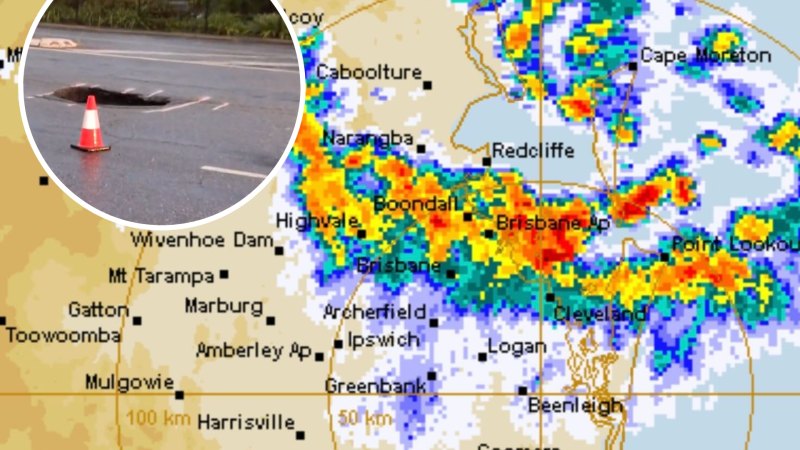 Heavy rain, sinkhole disrupt morning commute ahead of hot Brisbane day