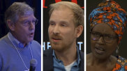 Ken Goldman, Rutger Bregman and Winnie Byanyima at a panel on inequality during the World Economic Forum in Davos.