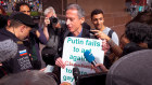 Peter Tatchell protesting Putin’s policies in Red Square during the 2018 World Cup.