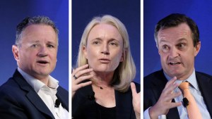 Telstra’s chief financial officer Michael Ackland, Mirvac chief financial officer Courtenay Smith and Challenger CEO Nick Hamilton at the AFR’s CFO Live summit on Tuesday.