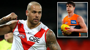 Swans forward Lance Franklin gave Giants defender Sam Taylor some tips while the GWS youngster was marking him.