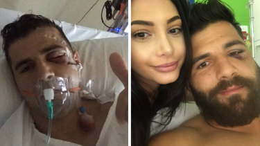 Penrith winger Josh Mansour in hospital with wife Daniella after suffering a major facial injury in 2018.