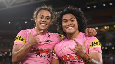 Toâo and Jarome Luai, who are both part of the FTA crew, celebrate Saturdayâs win against Melbourne.