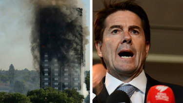 NSW Minister for Better Regulation Kevin Anderson and the Grenfell Tower building in west London. 