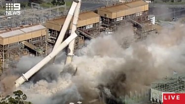 The demolition of the chimneys at Hazelwood Power Station