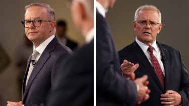 Opposition Leader Anthony Albanese and Prime Minister Scott Morrison at the leaders debate in Brisbane on Wednesday.