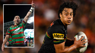The Rabbitohs wanted Jahrome Luai (main), but staying at Penrith has worked out for him and his opposite number, Cody Walker (inset).