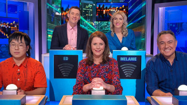 Anne Edmonds, front and centre, on Have You Been Paying Attention? with (clockwise from back) Ed Kavalee, Melanie Bracewell, Sam Pang and Aaron Chen.