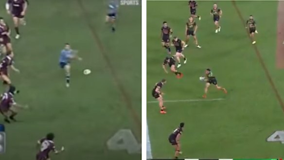 Brett Kimmorley’s famous intercept in Origin III of 2005 and Cody Walker’s heartbreaking pass on Sunday took place on almost the same blade of Brisbane turf.