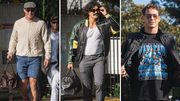 Alex Newsome, Charlie Gamble and Mark Nawaqanitawase arrive at Leichhardt Oval on Friday. 