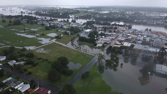 Aerial view of a flooded Kempsey this week. 