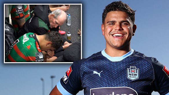 Wayne Bennett  and Latrell Mitchell in the Souths sheds (inset) and Mitchell at Blues camp this week.