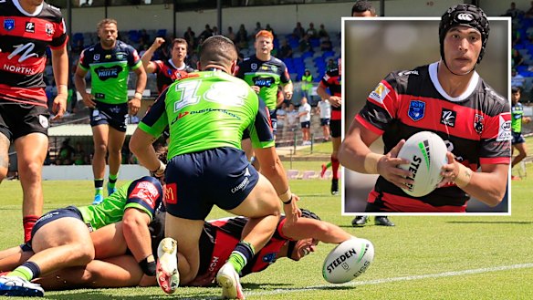 First of many? Joseph Suaalii goes over for his first try in his debut for Canterbury Cup outfit the North Sydney Bears.