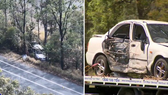 Two adults and two children were inside the car when it crashed into bushland.