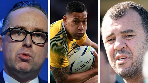 Rolling maul: Qantas boss Alan Joyce, Israel Folau  and Michael Cheika.