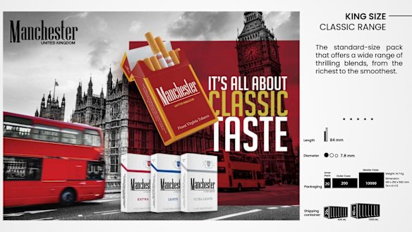 A sales brochure for Dubai-based cigarette brand Manchester, which has flooded Brisbane’s black market.