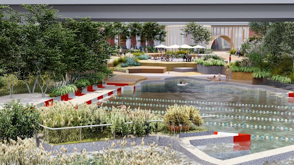 The concept design for a public swimming pool and wetland on the banks of the Yarra in the CBD.