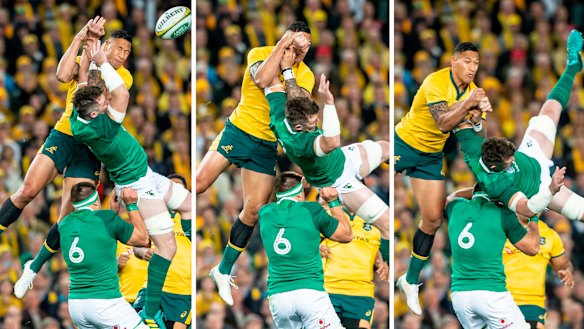 Yellow card: Wallabies fullback Israel Folau contesting a kickoff.