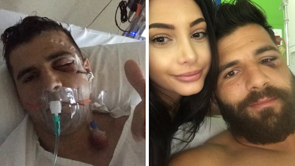 Penrith winger Josh Mansour in hospital with wife Daniella after suffering a major facial injury in 2018.