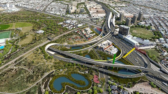 The original plan for the East West Link through Melbourne. Despite being rejected by the Victorian government, it and the Perth Freight Link sit on the federal budget.