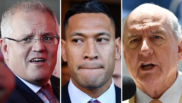 Scott Morrison, Israel Folau, Alan Jones.
