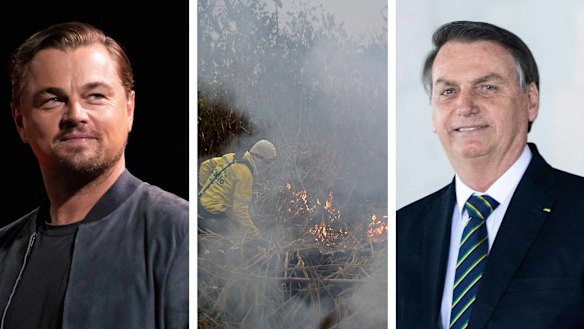 Leonardo DiCaprio, left, was accused by Brazil's President Jair Bolsonaro last year  of paying to start the massive Amazon fires. 